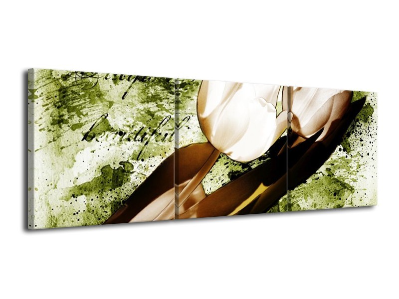 Canvas schilderij Tulpen | Groen, Bruin, Wit | 120x40cm 3Luik