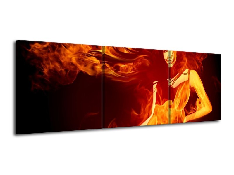 Canvas schilderij Vrouw | Rood, Zwart, Geel | 120x40cm 3Luik