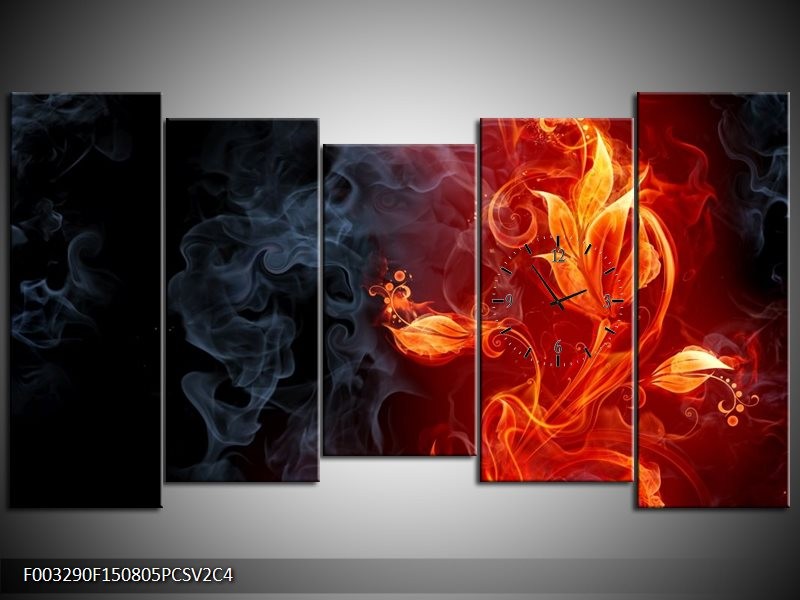 Klok schilderij Bloem | Rood, Zwart, Geel | 150x80cm 5Luik