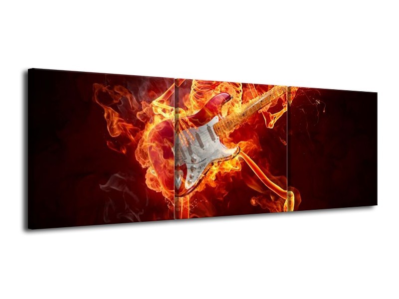 Canvas schilderij Gitaar | Rood, Zwart, Geel | 120x40cm 3Luik