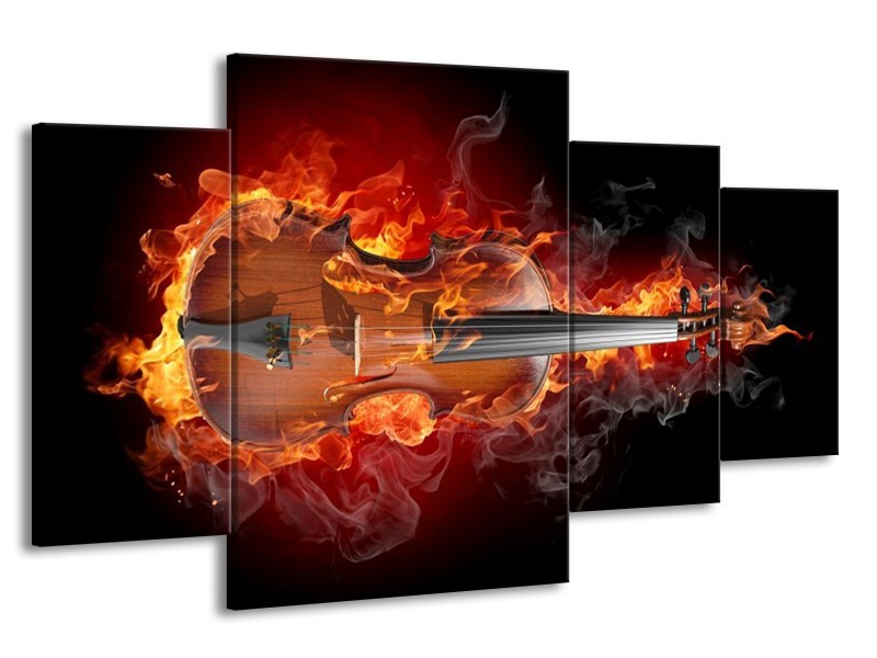 Canvas schilderij Gitaar | Rood, Zwart, Geel | 160x90cm 4Luik