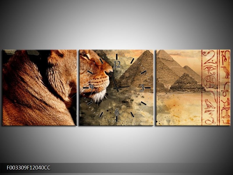 Klok schilderij Leeuw | Bruin, Grijs, Zwart | 120x40cm 3Luik