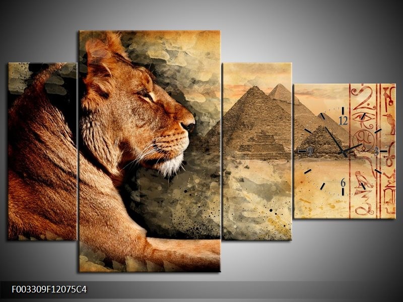 Klok schilderij Leeuw | Bruin, Grijs, Zwart | 120x75cm 4Luik