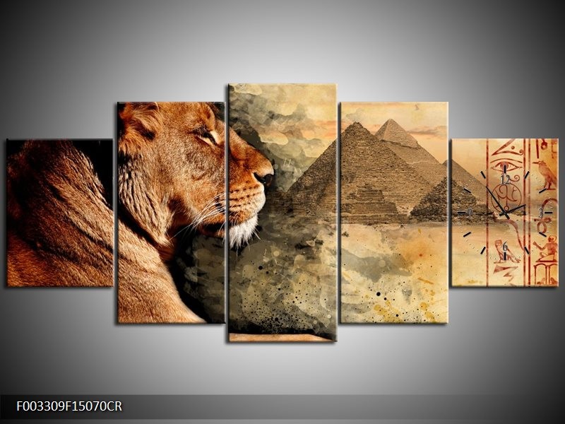 Klok schilderij Leeuw | Bruin, Grijs, Zwart | 150x70cm 5Luik