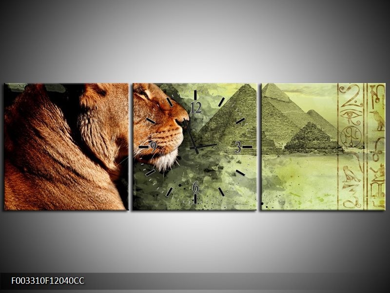 Klok schilderij Leeuw | Bruin, Grijs, Groen | 120x40cm 3Luik