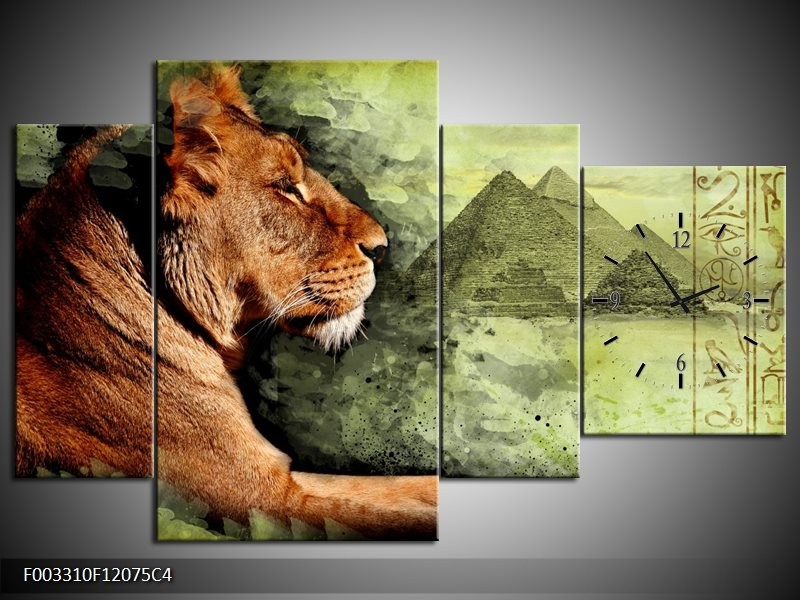 Klok schilderij Leeuw | Bruin, Grijs, Groen | 120x75cm 4Luik