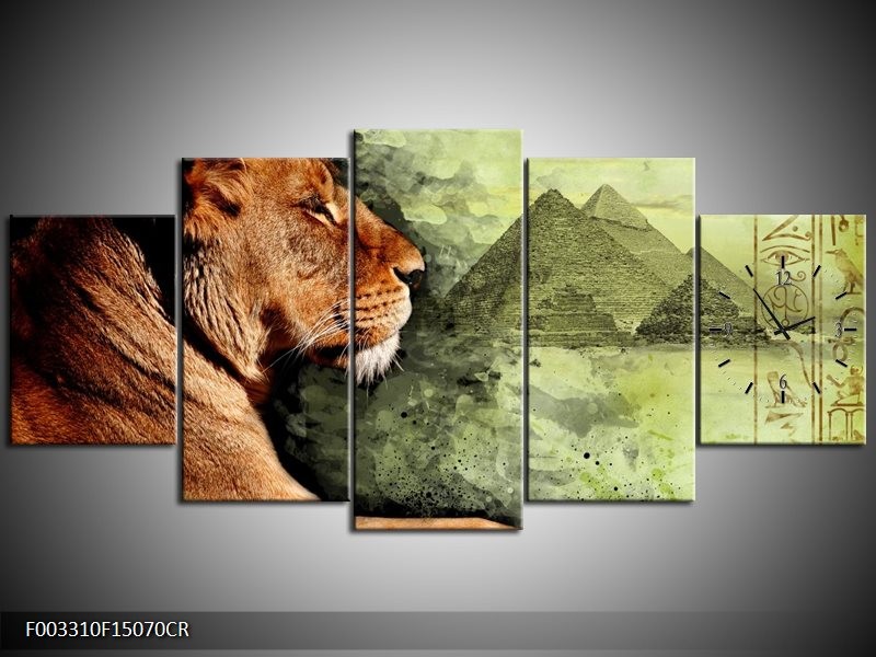 Klok schilderij Leeuw | Bruin, Grijs, Groen | 150x70cm 5Luik