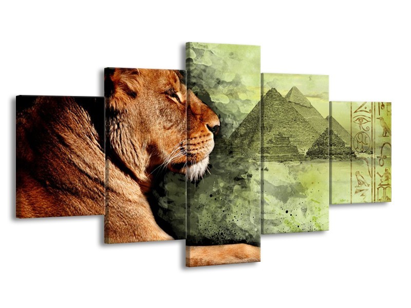 Canvas schilderij Leeuw | Bruin, Grijs, Groen | 150x80cm 5Luik
