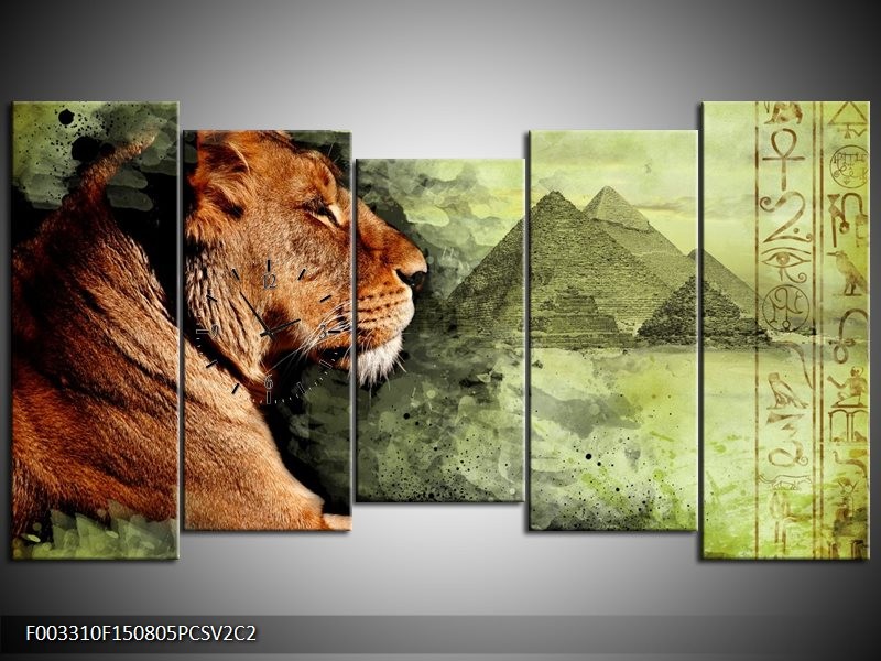 Klok schilderij Leeuw | Bruin, Grijs, Groen | 150x80cm 5Luik