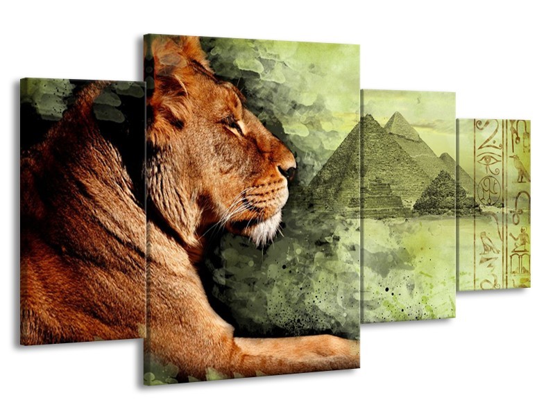 Canvas schilderij Leeuw | Bruin, Grijs, Groen | 160x90cm 4Luik