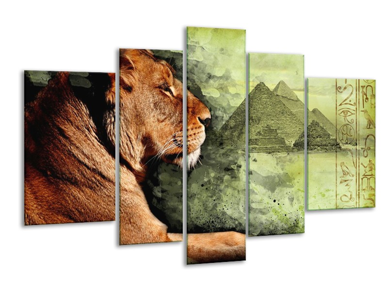 Canvas schilderij Leeuw | Bruin, Grijs, Groen | 170x100cm 5Luik