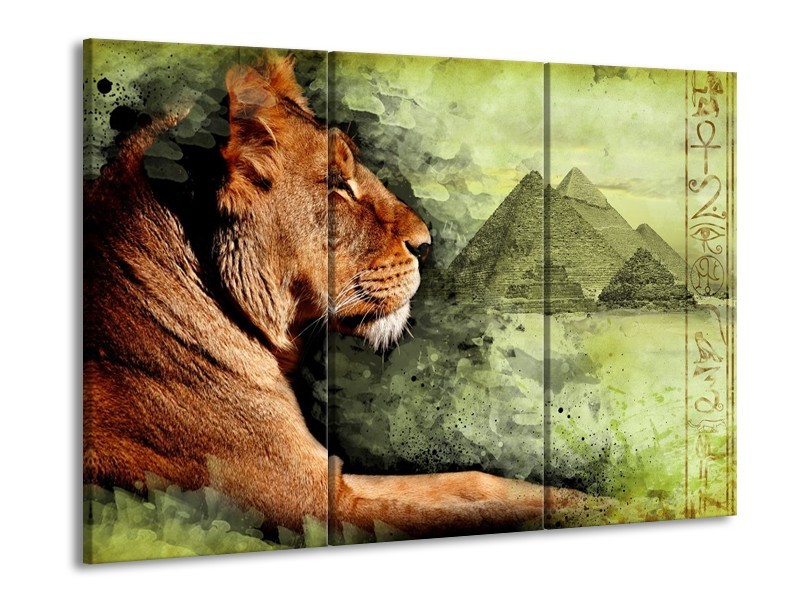 Canvas schilderij Leeuw | Bruin, Grijs, Groen | 90x60cm 3Luik
