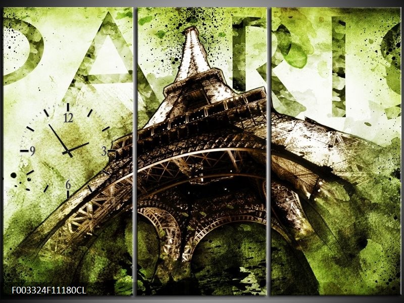 Klok schilderij Eiffeltoren | Groen, Bruin | 111x80cm 3Luik