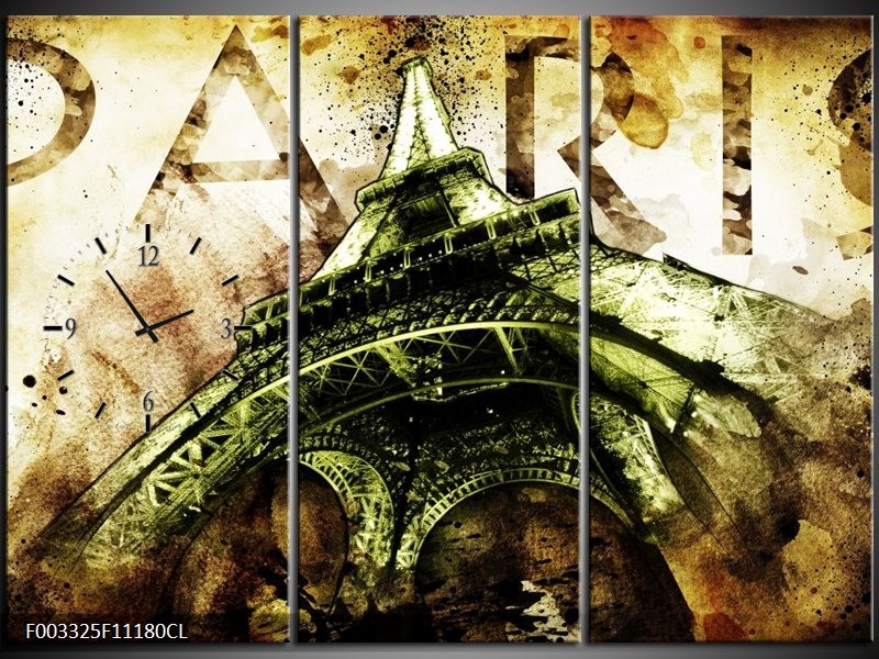 Klok schilderij Eiffeltoren | Groen, Bruin | 111x80cm 3Luik