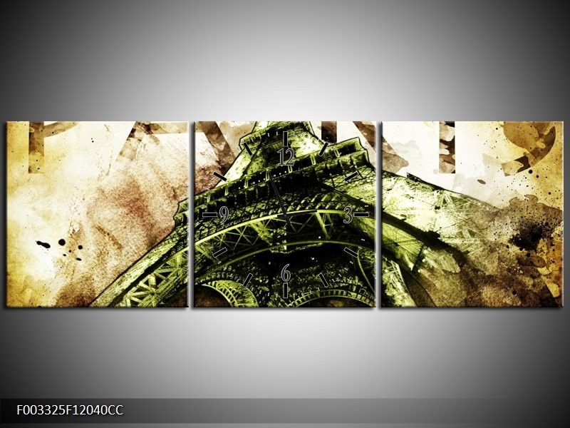 Klok schilderij Eiffeltoren | Groen, Bruin | 120x40cm 3Luik