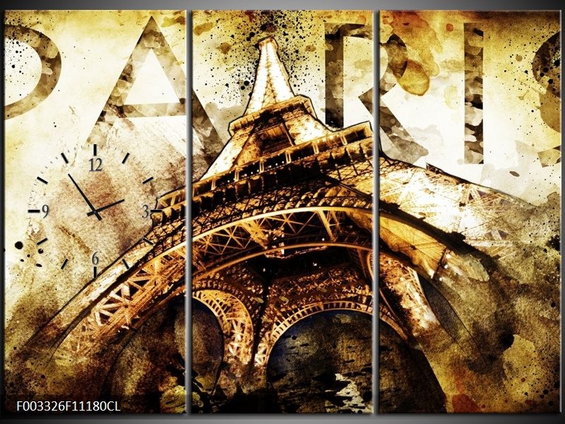 Klok schilderij Eiffeltoren | Wit, Bruin | 111x80cm 3Luik