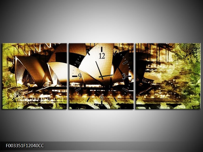 Klok schilderij Sydney | Groen, Bruin, Zwart | 120x40cm 3Luik