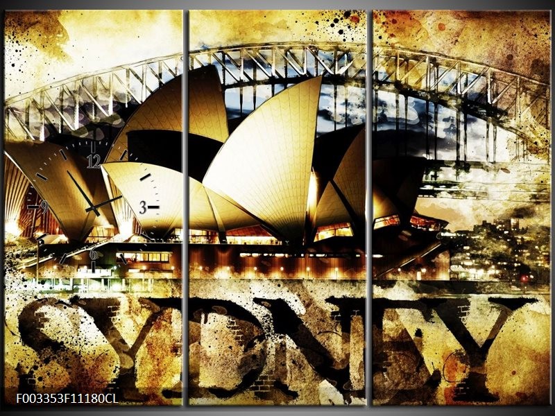 Klok schilderij Sydney | Geel, Bruin, Zwart | 111x80cm 3Luik