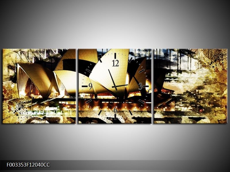 Klok schilderij Sydney | Geel, Bruin, Zwart | 120x40cm 3Luik