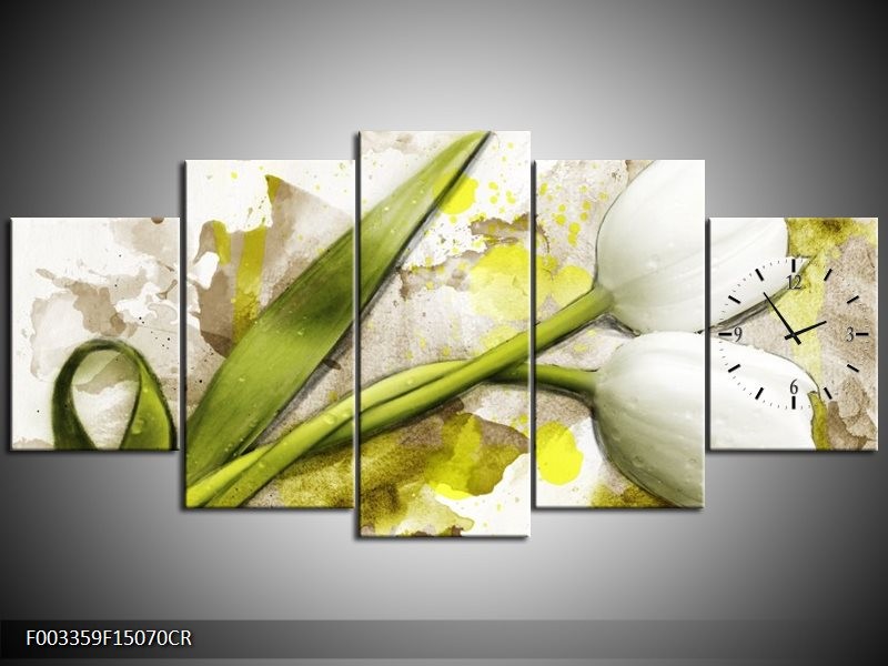 Klok schilderij Tulpen | Groen, Wit, Geel | 150x70cm 5Luik