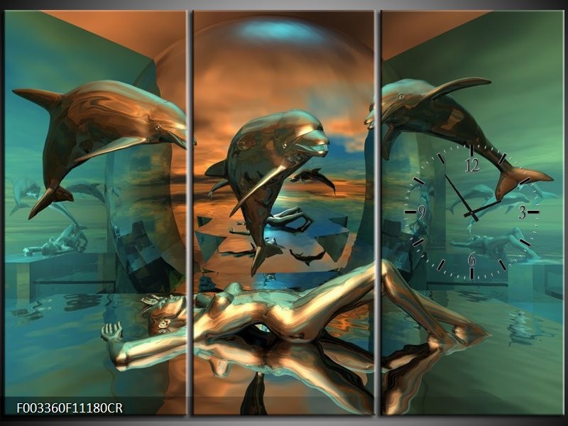 Klok schilderij Dolfijn | Blauw, Goud, Bruin | 111x80cm 3Luik