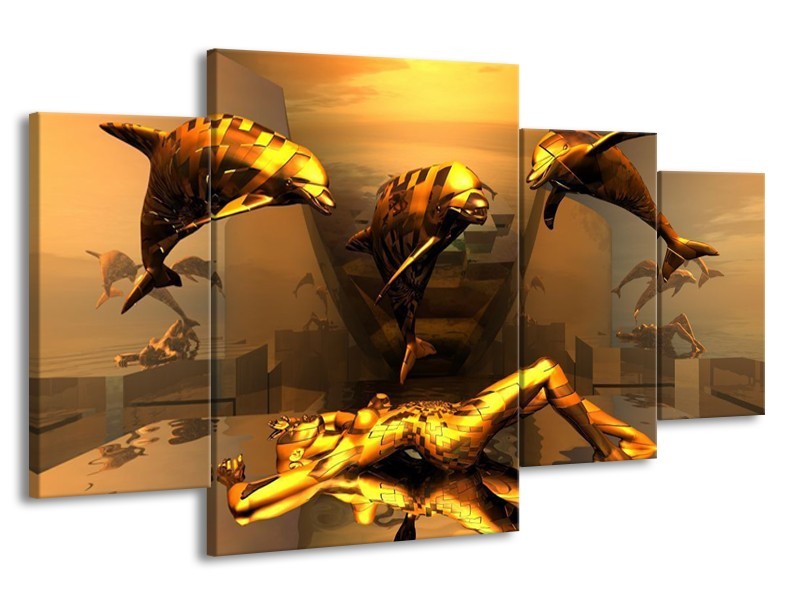 Canvas schilderij Dolfijn | Goud, Geel, Bruin | 160x90cm 4Luik