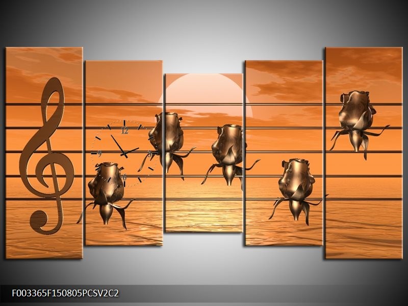 Klok schilderij Muziek | Goud, Geel, Bruin | 150x80cm 5Luik