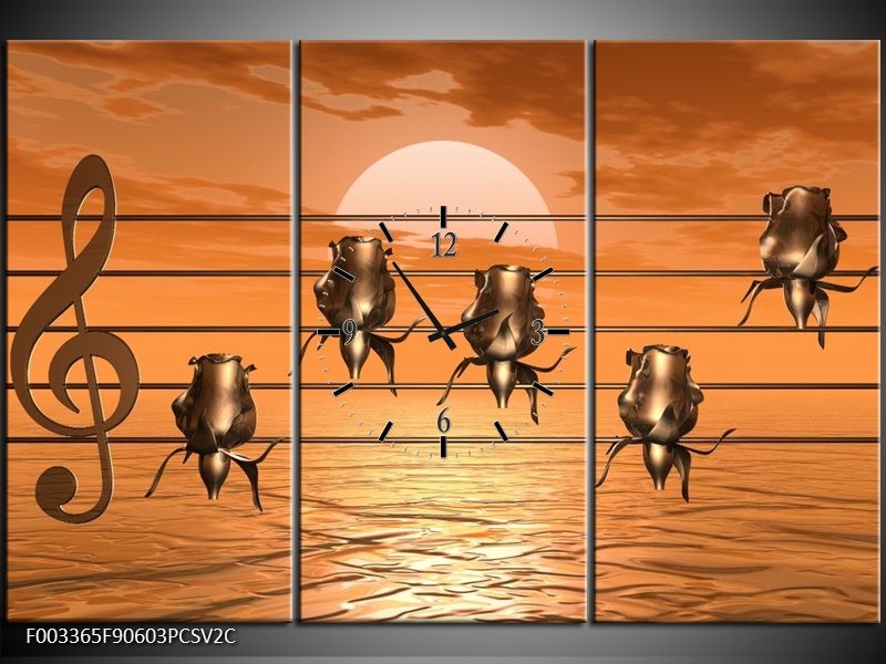 Klok schilderij Muziek | Goud, Geel, Bruin | 90x60cm 3Luik