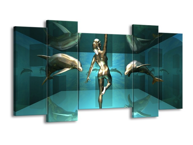 Canvas schilderij Dolfijn | Blauw, Goud, Bruin | 120x65 5Luik