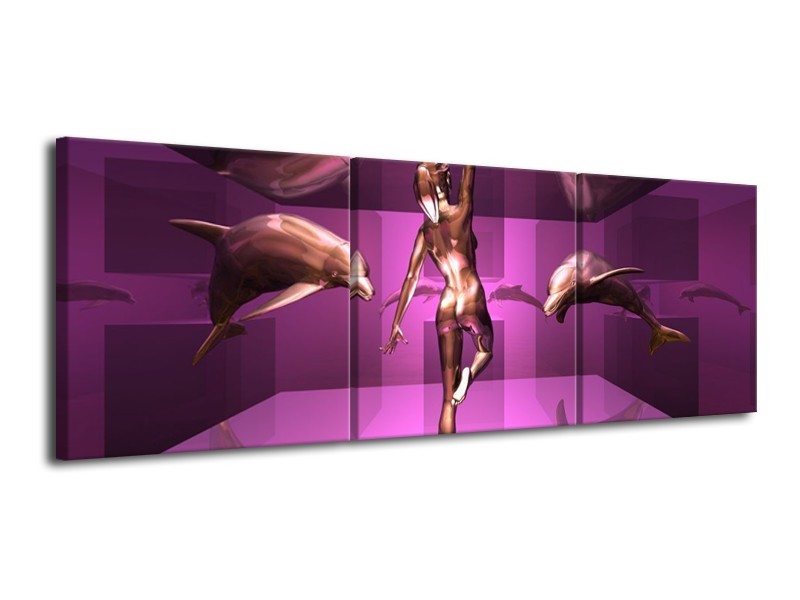 Glas schilderij Dolfijn | Roze, Goud, Bruin | 120x40cm 3Luik