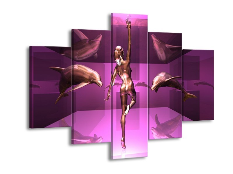 Glas schilderij Dolfijn | Roze, Goud, Bruin | 150x105cm 5Luik