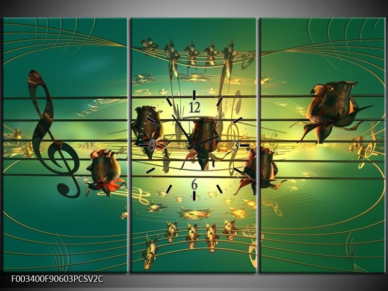 Klok schilderij Muziek | Blauw, Zwart, Geel | 90x60cm 3Luik
