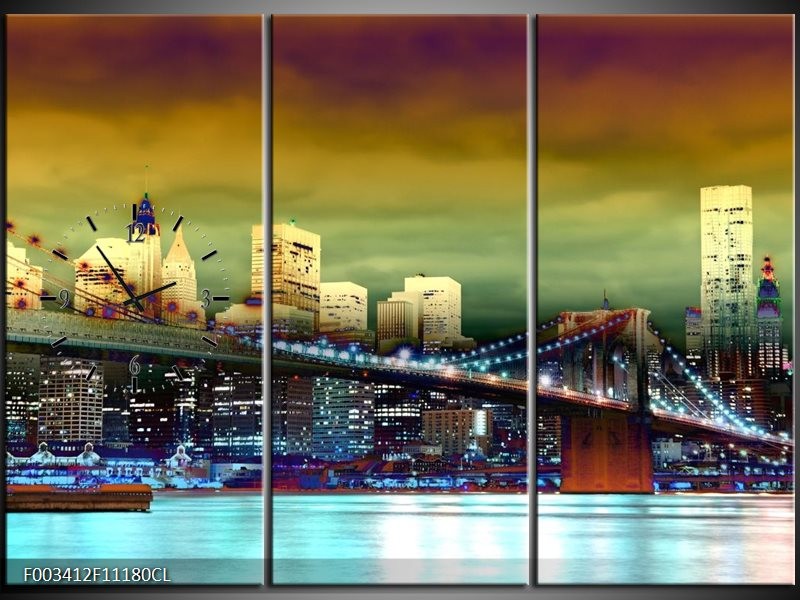 Klok schilderij Brug | Geel, Groen, Blauw | 111x80cm 3Luik