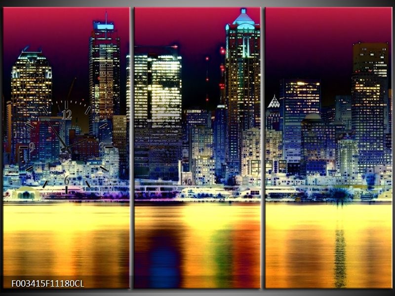 Klok schilderij Steden | Blauw, Geel, Zwart | 111x80cm 3Luik