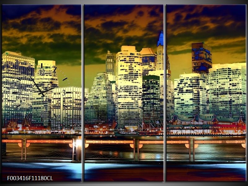 Klok schilderij Steden | Geel, Blauw, Groen | 111x80cm 3Luik