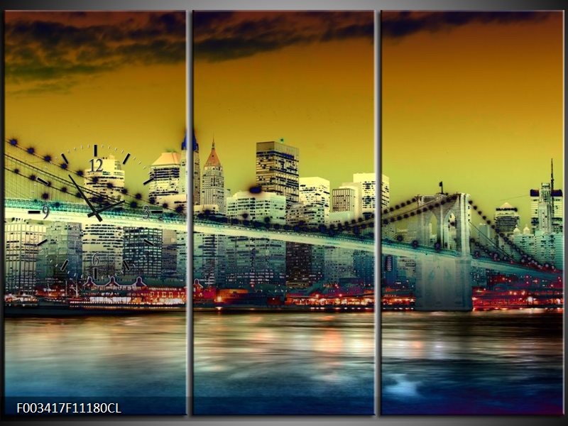 Klok schilderij Steden | Geel, Blauw, Groen | 111x80cm 3Luik