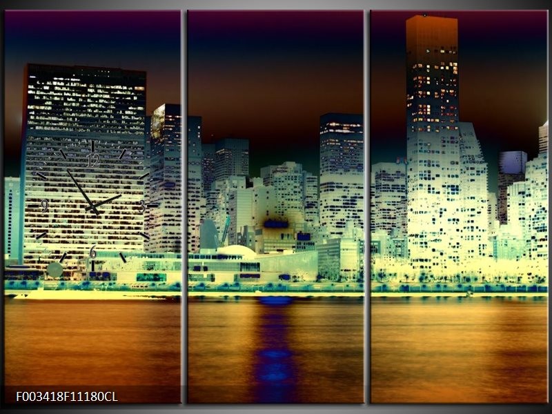 Klok schilderij Steden | Geel, Blauw, Groen | 111x80cm 3Luik