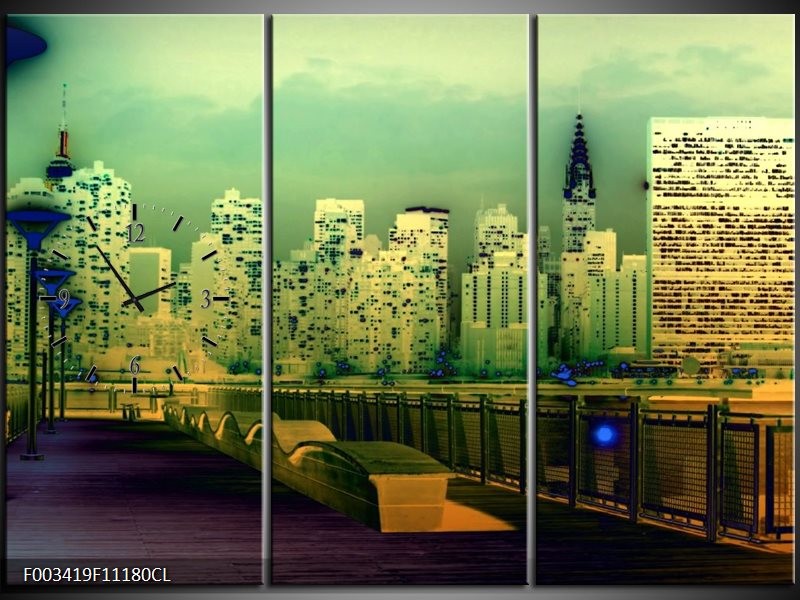 Klok schilderij Steden | Geel, Blauw, Groen | 111x80cm 3Luik