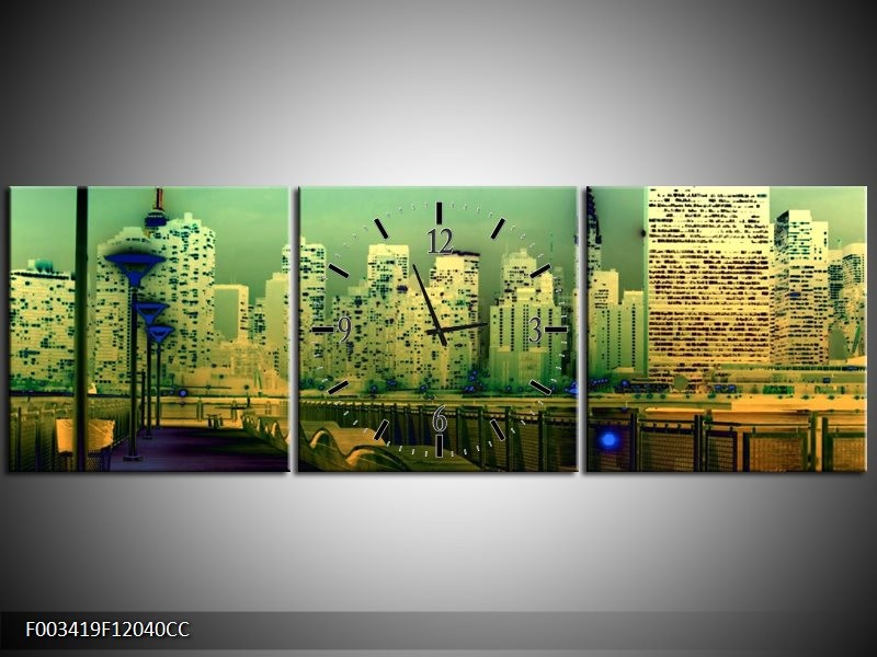 Klok schilderij Steden | Geel, Blauw, Groen | 120x40cm 3Luik