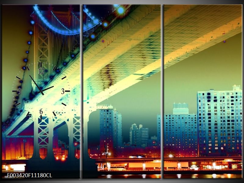 Klok schilderij Steden | Geel, Blauw, Rood | 111x80cm 3Luik