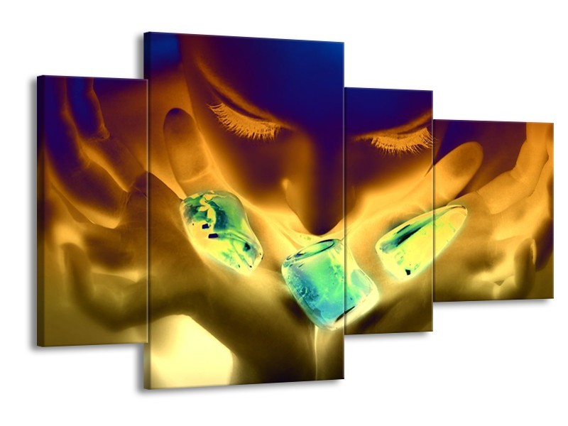 Canvas schilderij Gezicht | Groen, Geel, Blauw | 120x75cm 4Luik