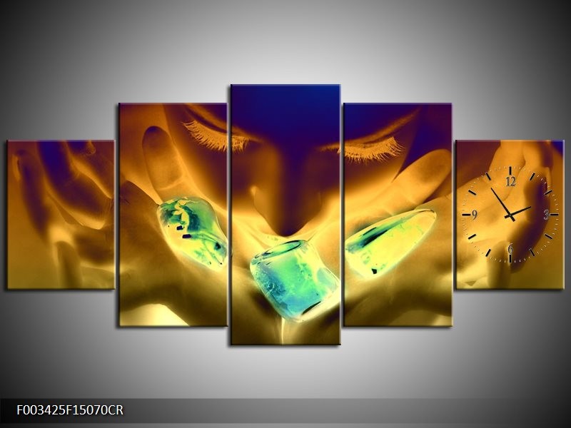 Klok schilderij Gezicht | Groen, Geel, Blauw | 150x70cm 5Luik