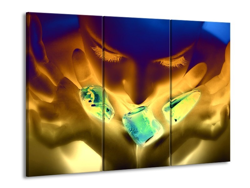 Canvas schilderij Gezicht | Groen, Geel, Blauw | 90x60cm 3Luik