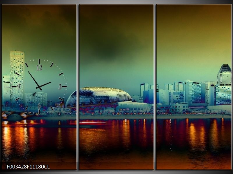 Klok schilderij Steden | Oranje, Blauw, Rood | 111x80cm 3Luik