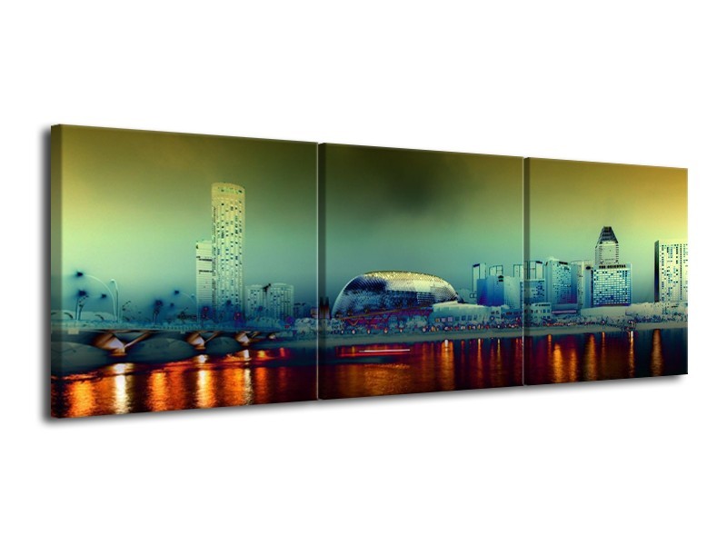 Canvas schilderij Steden | Oranje, Blauw, Rood | 120x40cm 3Luik