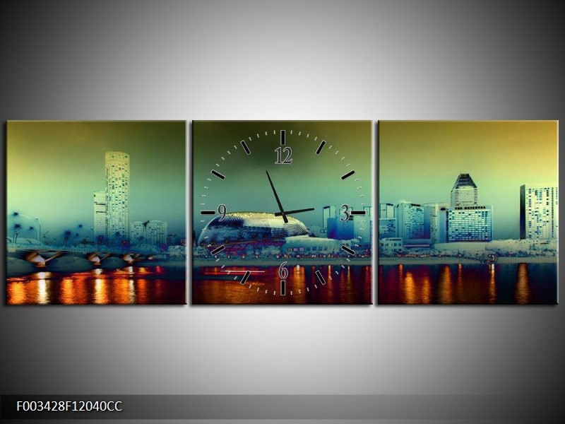 Klok schilderij Steden | Oranje, Blauw, Rood | 120x40cm 3Luik