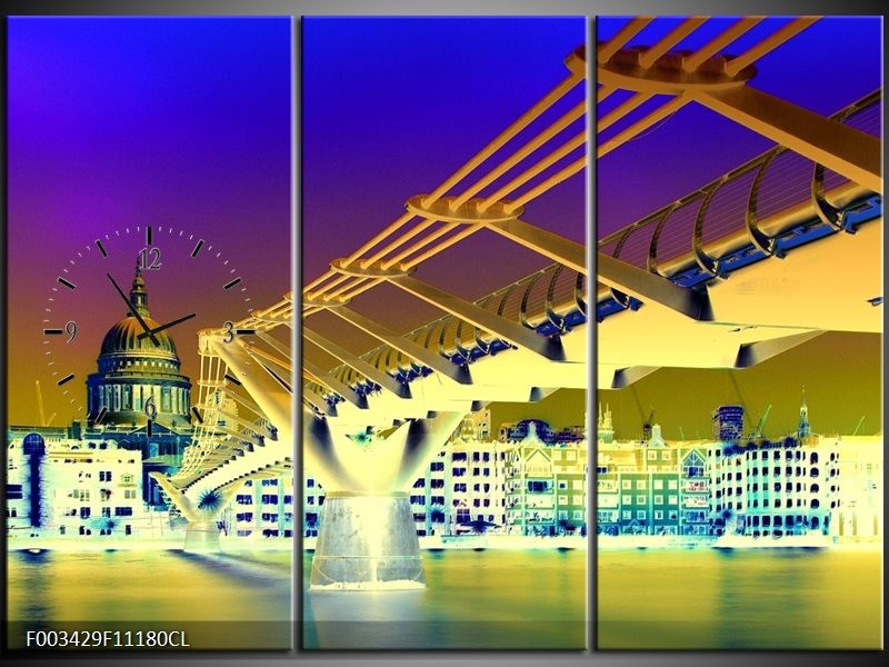 Klok schilderij Brug | Geel, Blauw, Paars | 111x80cm 3Luik