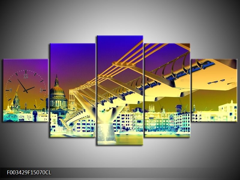 Klok schilderij Brug | Geel, Blauw, Paars | 150x70cm 5Luik