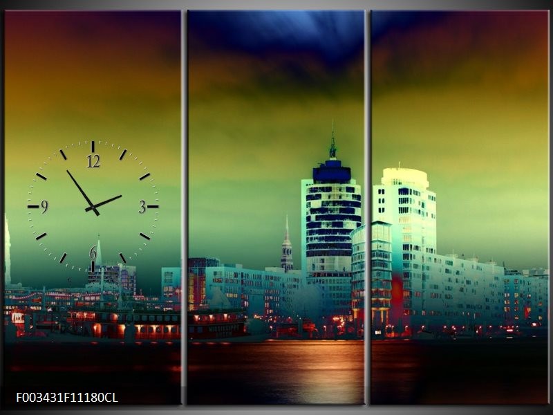 Klok schilderij Steden | Groen, Geel, Paars | 111x80cm 3Luik