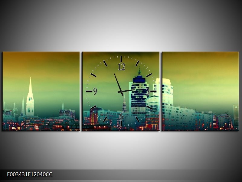 Klok schilderij Steden | Groen, Geel, Paars | 120x40cm 3Luik